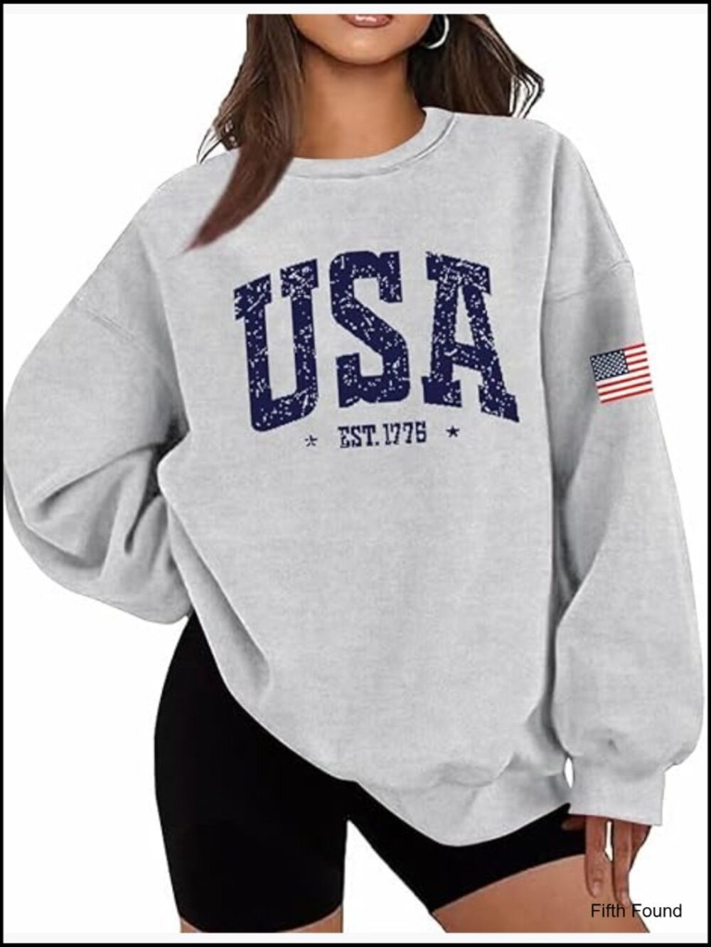 Oversized Fleece USA Sweatshirt Long Sleeve Crewneck Pullover Graphic Tops
